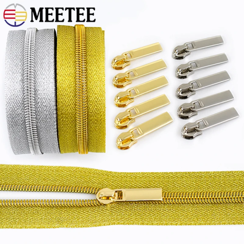 2/3/5M Meetee 3# 5# Plastic Zipper for Sewing Nylon Slider Zip Handbag Gold Silver Jacket Coil Zippers Pull Repair Kit Accessory