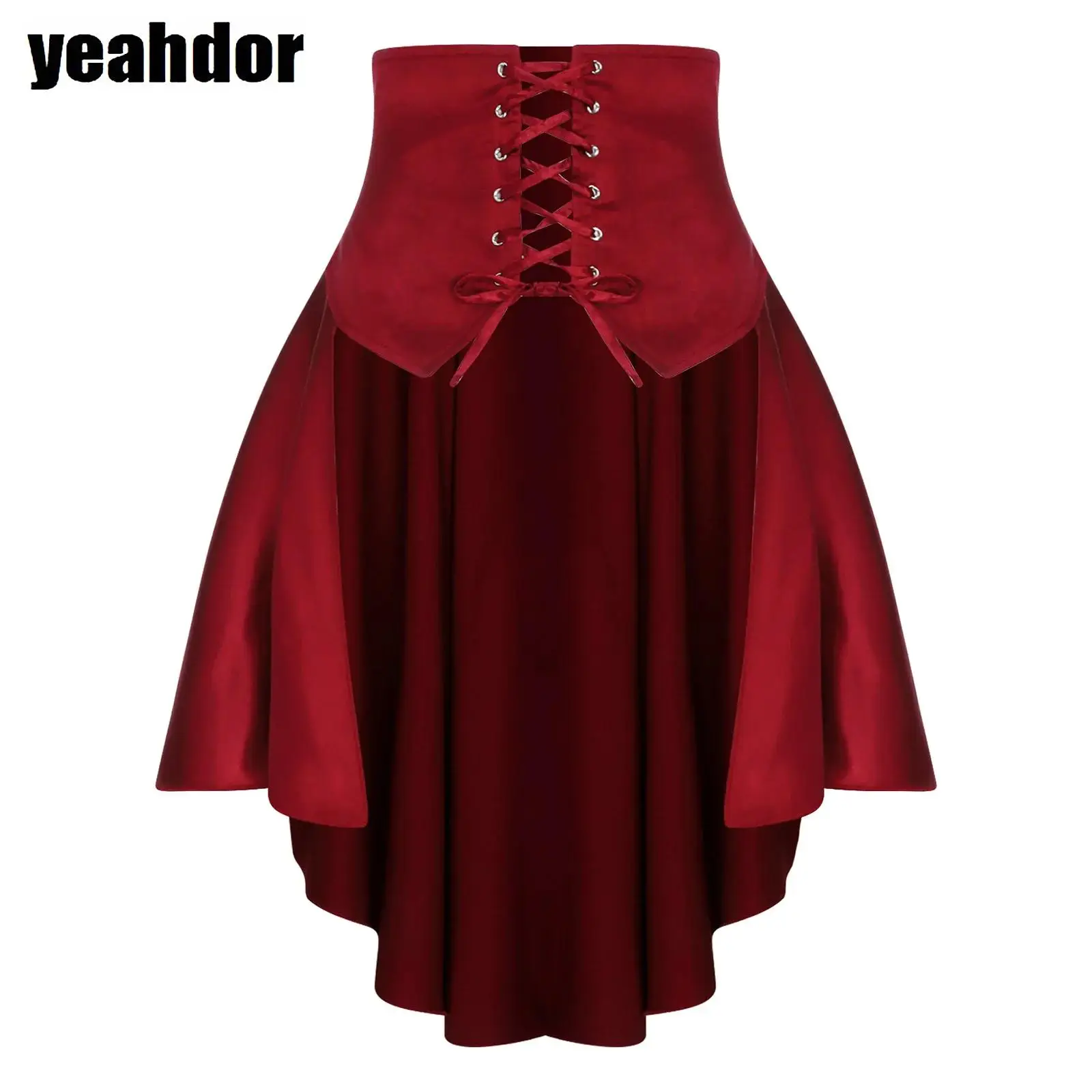 

Women Victorian Steampunk Skirts Medieval Vintage Gothic Satiny Skirt Front Eyelets Lace-up Irregular One-piece Corset Skirts
