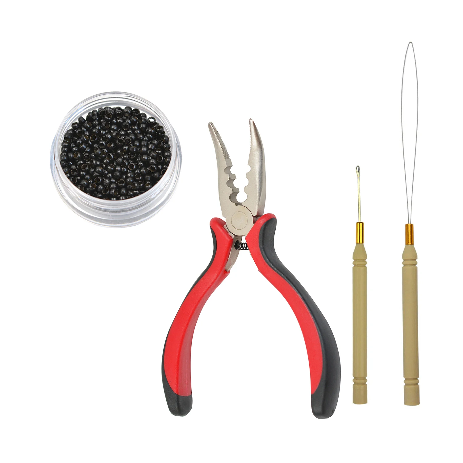 

Hair Extensions Tools Kit 1000Pcs micro rings beads +1Pc Pulling Hook Needle +1Pc 3-Hole I-tip Hair Pliers