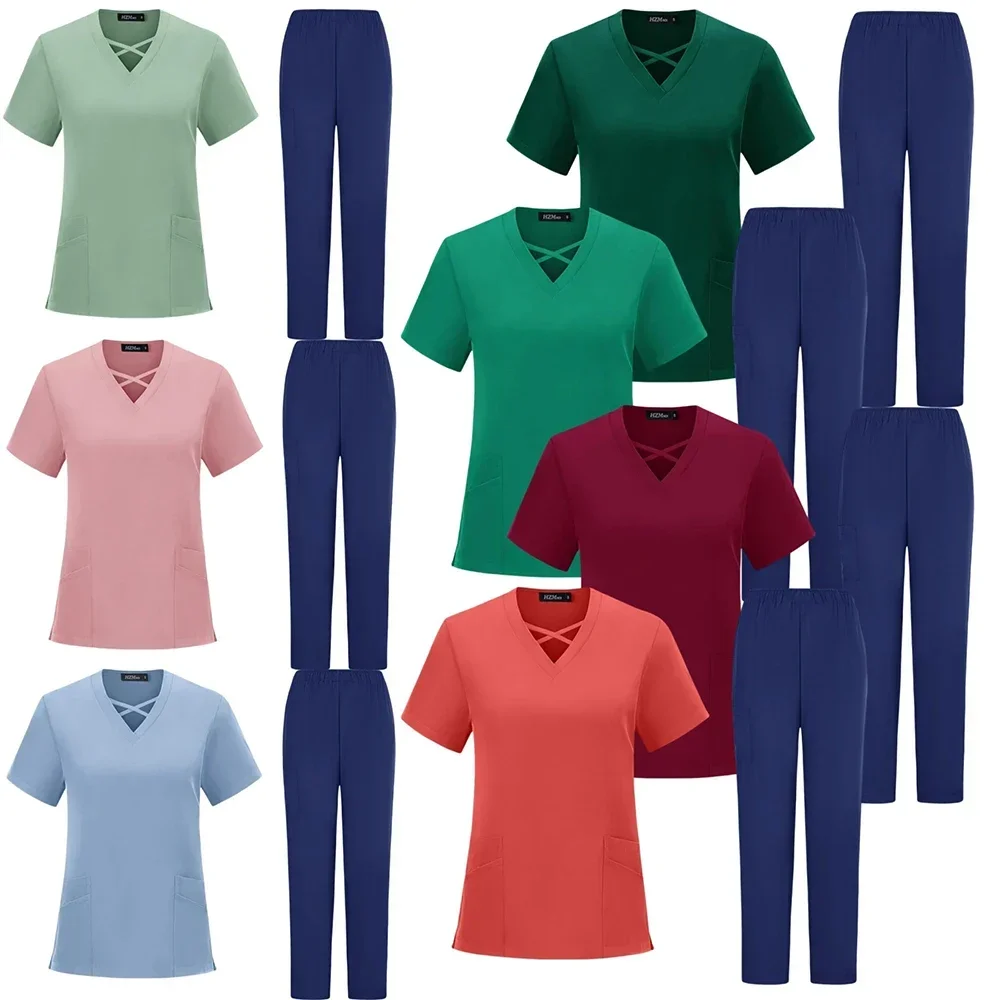 Nieuwe Vierzijdige Stretch Scrub Uniformen Mode Verpleging Verpleegkundige Set Medische Scrubs voor Vrouwen Blouse Femme Spa Salon Schoonheid Werkkleding