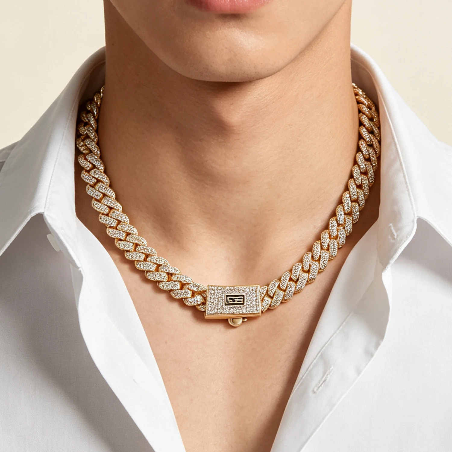 Gold Cuban Chain 8mm with Diamond Set Zircon Non-Fading High Quality Ice Crystal Chain Hip Hop Street Style, Neutral Fashion Gift