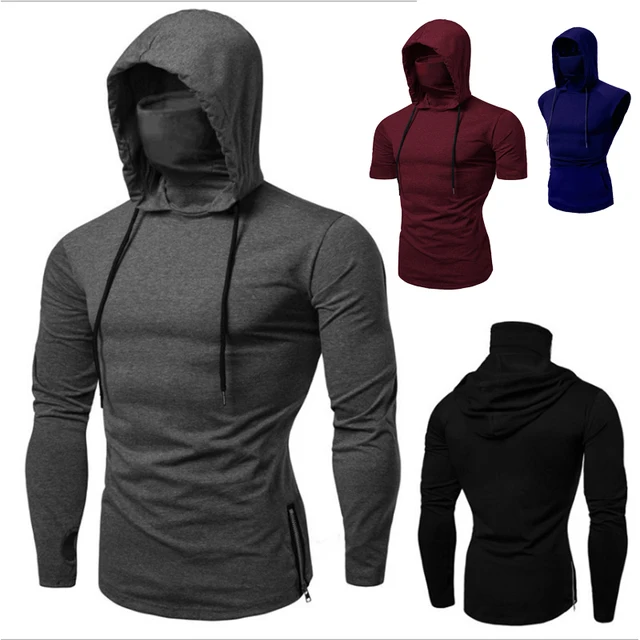 Nowa męska bluza z kapturem na siłownię z długim rękawem i maską Bluza Casual Splice Duża maska Bluza z kapturem Topy z kapturem Kolarstwo