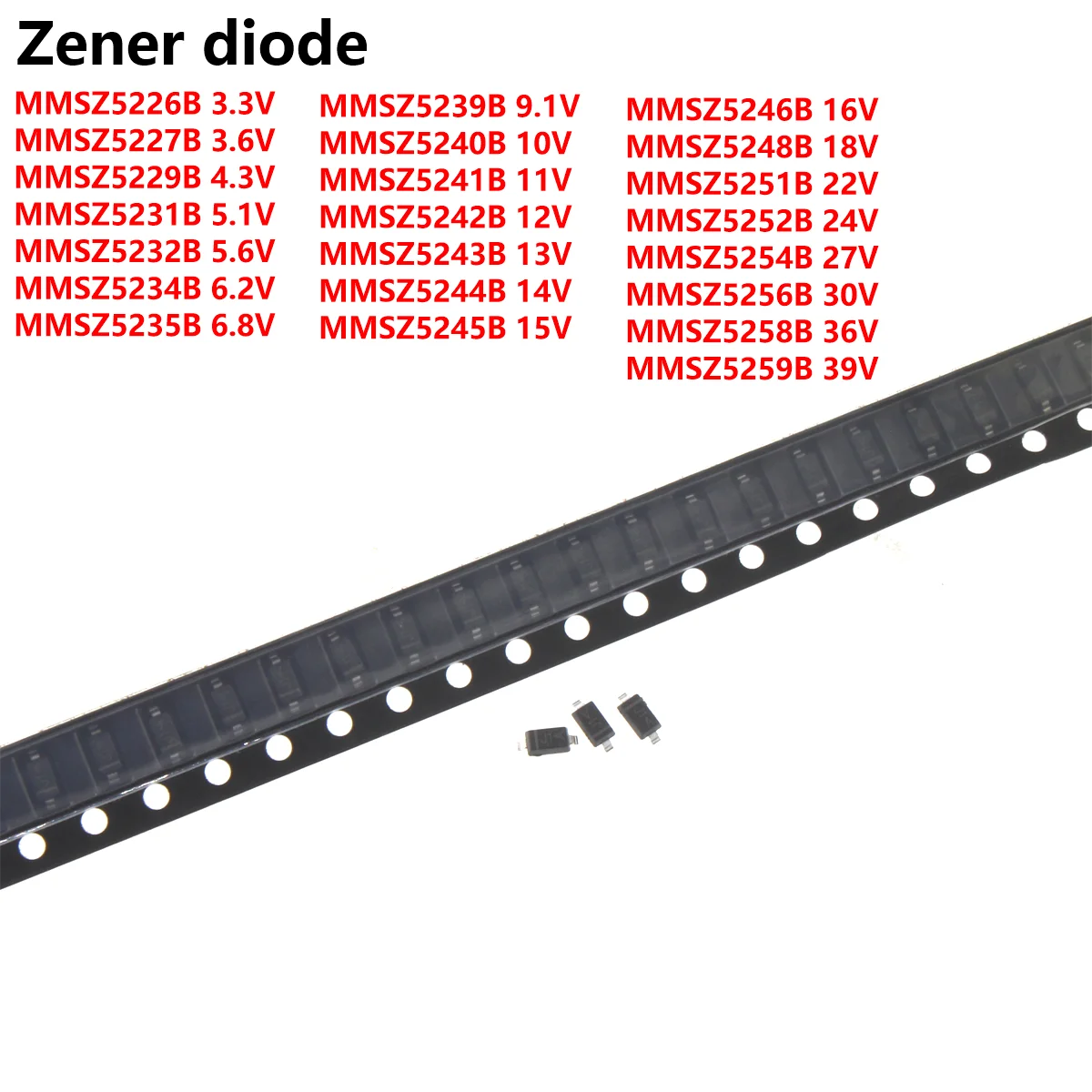 100PCS MMSZ5226B/27/29/31-59B MMSZ5241B MMSZ5252B MMSZ5244B MMSZ5251B 10V 12V 24V SOD-123 30V 0.35W voltage stabilizing diodes