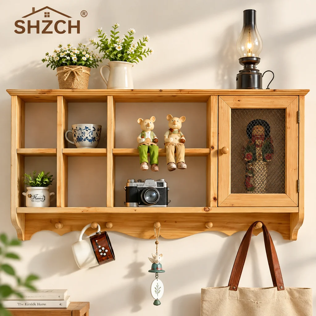 Solid Wood Retro Wall Storage Shelf Kitchen Spice and Tea Cup Rack Wall Mounted Cabinet Decoration Vintage Style Organizer