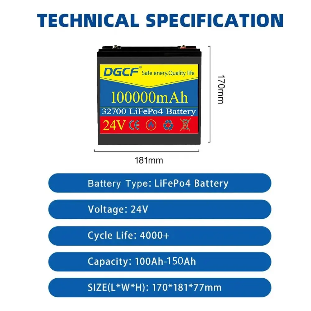 24V 100A 32700 LiFePO4 Battery with Built-in BMS for RV Solar Power System Rechargeable Lithium Iron Phosphate Trolling Battery