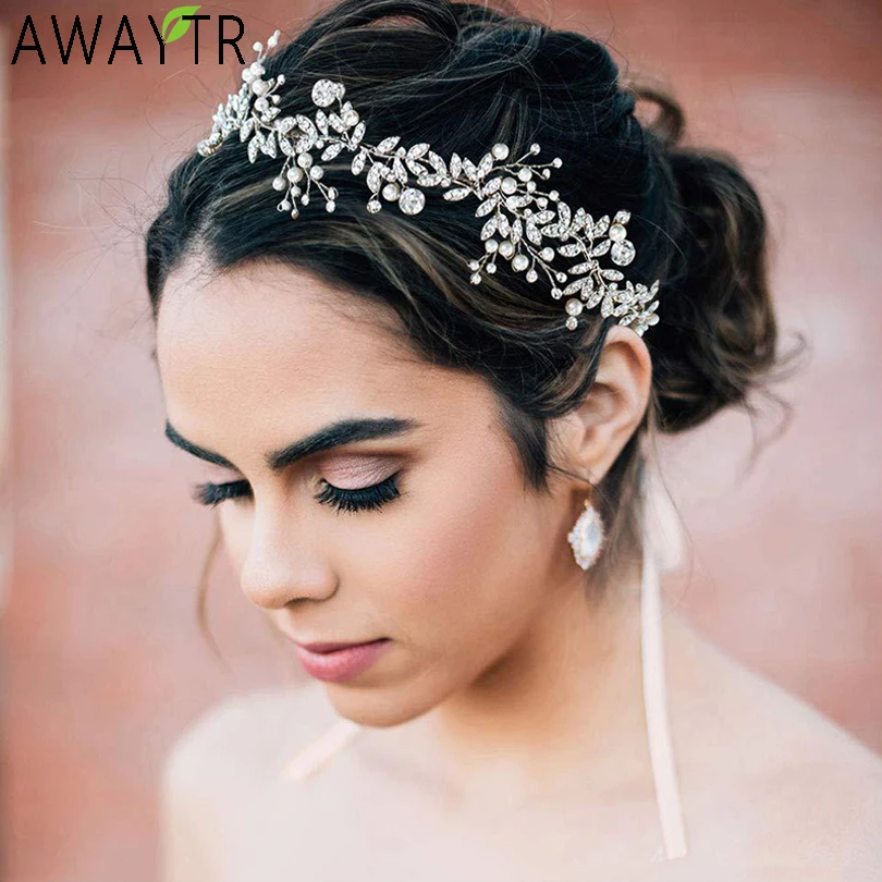 New Crystal Flower Headband Ribbon Bow Hairband for Bride Wedding Hair Accessories Pearl Head Flower Headbands Women Headwear