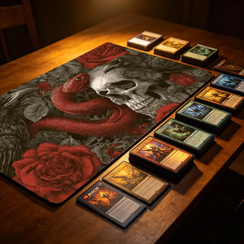 Large Red Snake Skull Crow Red Rose TCG Playmat Gothic Dark Fantasy Art Premium Rubber Gaming Desk Mat Desktop Decor Gift