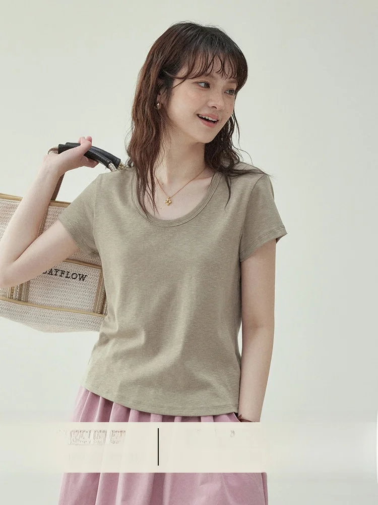 

AMUU Original Simple Pure Color Low round Neck Short Sleeve T-Shirt Women Summer New Loose Versatile Top Casual Style Cotton ...