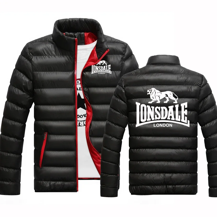 Lonsdale mantel ramping pria, jaket pakaian pemuda, mantel ramping empuk katun kasual modis kualitas tinggi, ritsleting, cetak, musim dingin 2024