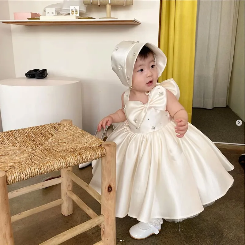 Weißes Blumenmädchenkleid aus Satin für Kleinkinder und Kinder für Hochzeit, erster Geburtstag, Zeremonie, Party, Prinzessin, Kommunion, Ballkleid für Mädchen im Alter von 1–14 Jahren – Detail 9