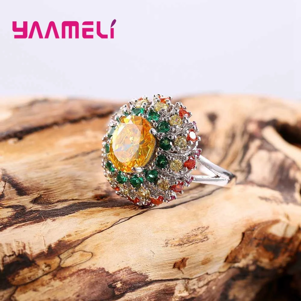 Stylish Luxury Style Colorful Crystal Cubic Zirconia With Yellow Stone 925 Sterling Silver Rings For Women Gift