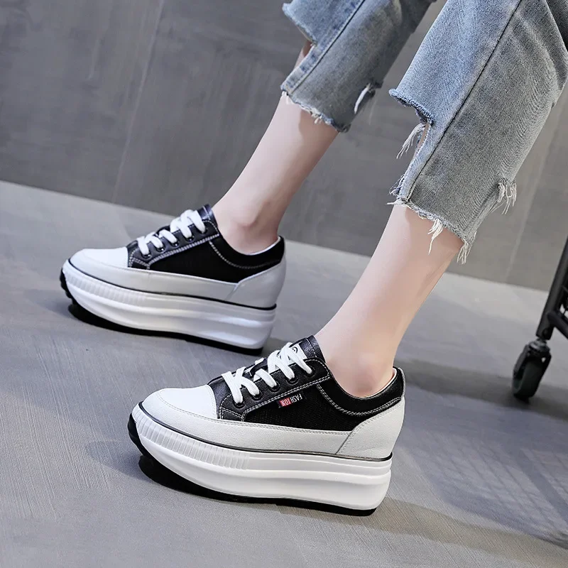 8CM Echt Leer Vrouwen Casual Schoenen 7cm Platform Wedge Vrouwelijke Vrouwen Mode Sneakers Chunky Lente Herfst Schoenen Zomer