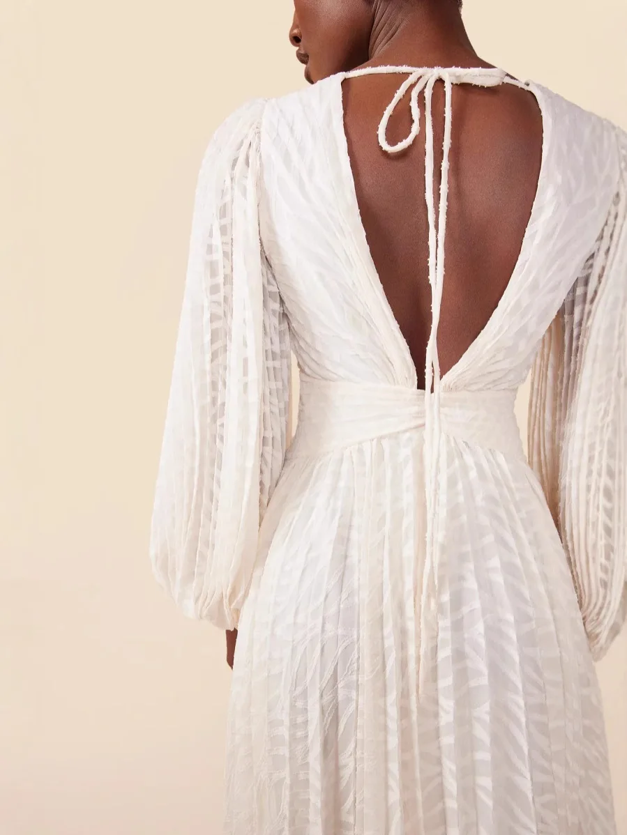 Sexy V-neck Lantern Sleeve Temperament Dress Women Fashion Jacquard Solid Loose Party Dress Elegant Draped Evening Long Dresses