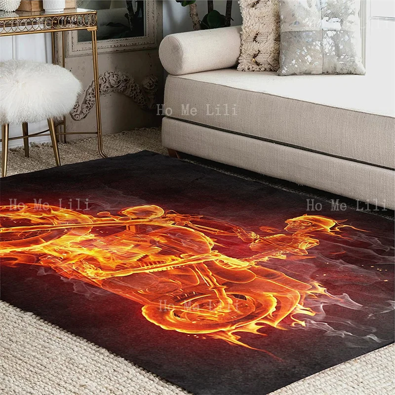 Hot Red Fire Skeleton Burning Skull Riding Motor With Smoking Cool Theme Flannel Floor Rugs Carpet Decor For Living Room Bedroom