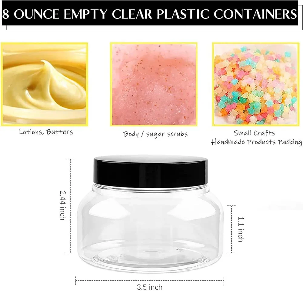 8Oz Plastic Container Tuscany Jars, Empty Round Clear Cosmetic Containers Body Butter Jars for Lotion,Cream,Gel, Sugar Scrub