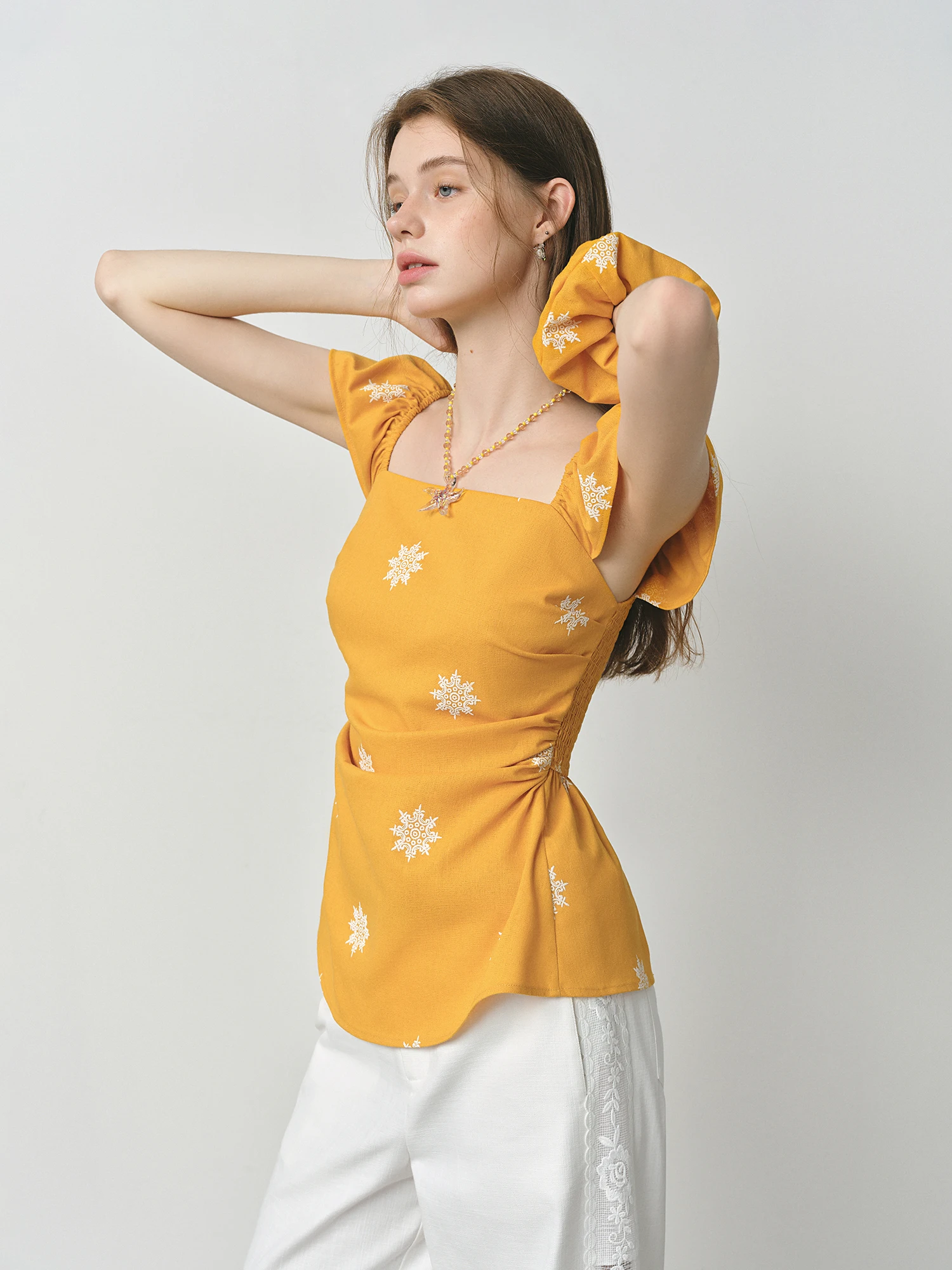 FSLE Summer Vacation Linen Shirt Women's Flutter Sleeve French Style 2025 Square Neck Top Coquette Y2K Trendy Blouse 25FS12889