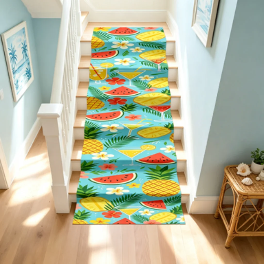 Tropical Foliage Summer Fruit Print Self-adhesive Long Stair Runner Mat,Shock-absorbing Anti-slip Trimmable Stair Step Protector
