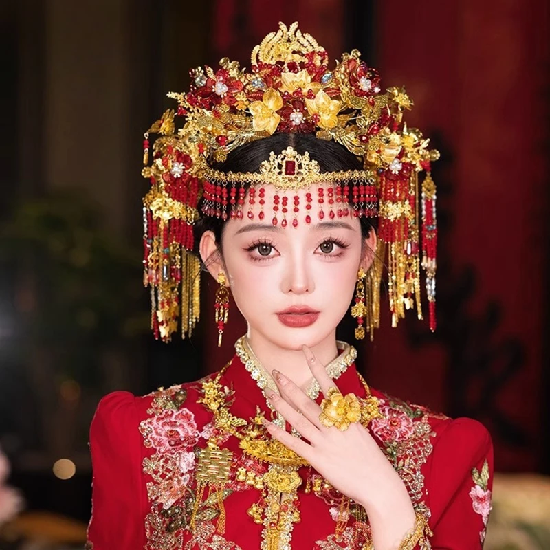 Vintage Red Golden Color Xiuhe Headwear Chinese Ancient Style Tassels Front and Back Phoenix Wedding Hairwear  Jewelries