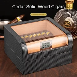 Double Layered Large Capacity Carbon Fiber Cigar Box Can Hold 50 Pieces Cedar Cigar Wooden Humidor Box with Transparent Window