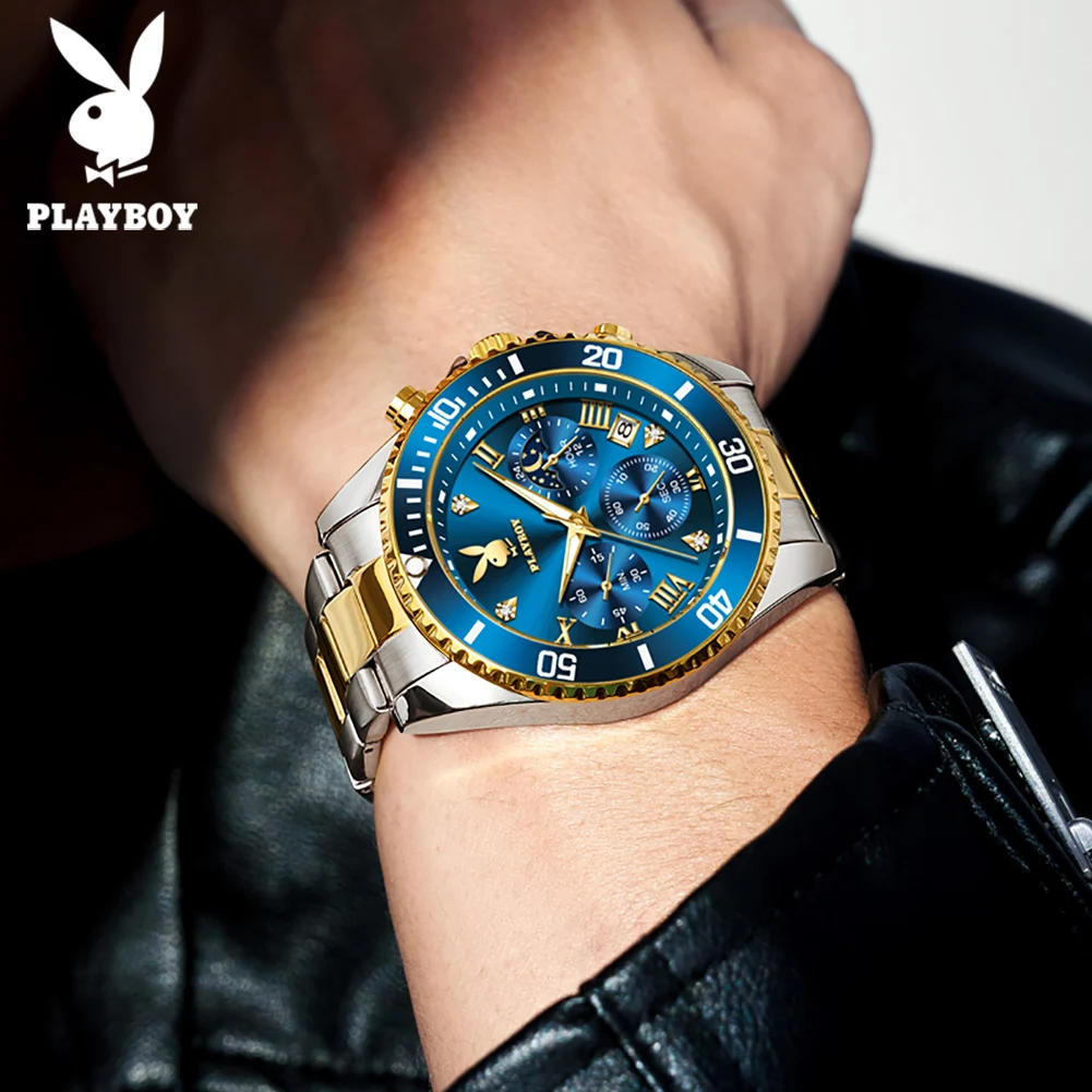 PLAYBOY Brand Elegant Fashion Business Watch for Men Original Stainless Steel Waterproof Chronograph Calendar Quartz Men Watch