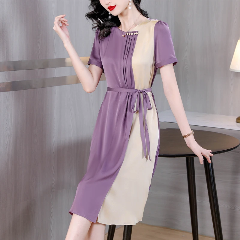 2023 Summer New Purple Silk Short Sleeves O-Neck Dress Satin Loose Large Waistband Slim 100 Pleated Knee Long Dress Women's Robe