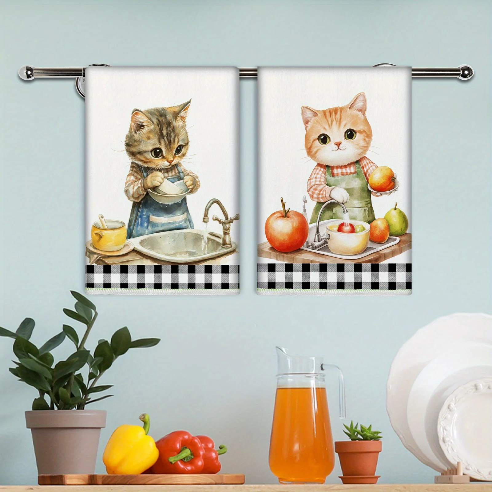 2-Piece Cat Chef Towel Set | Cute Tabby & British Shorthair Print Microfiber Dish & Hand Towel, Perfect for Cat Lovers,