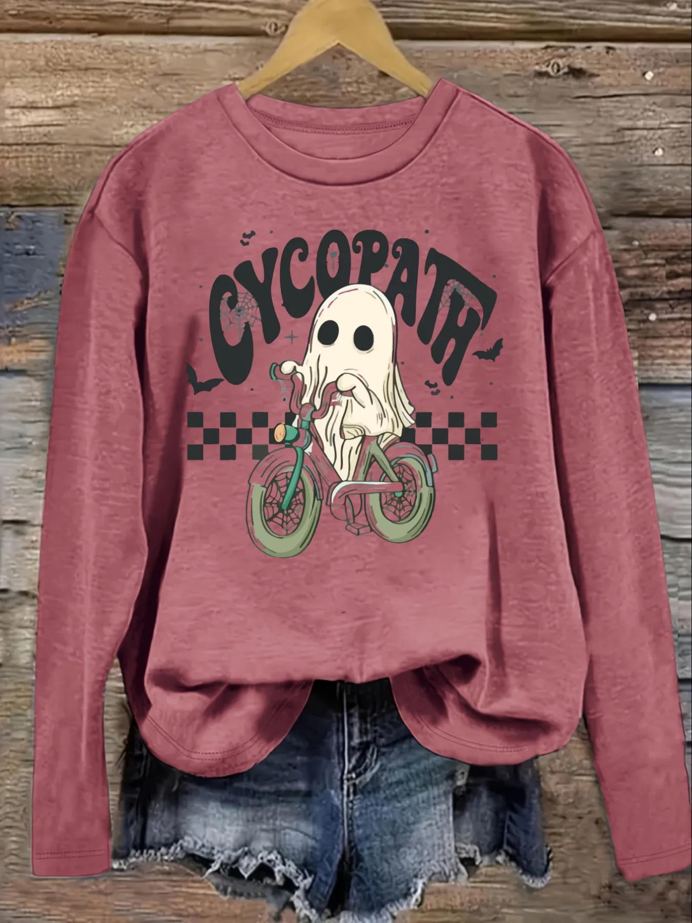Women's Casual Long Sleeve Crew Neck T-Shirt Ghost Riding Motorcycle Graphic Print Design, Round Neck Women's Clothing, Machine Washable, Slightly Elastic, Loose Fit, Spring Autumn Winter Women's T-Shirt, Halloween Costume Outfit view 3