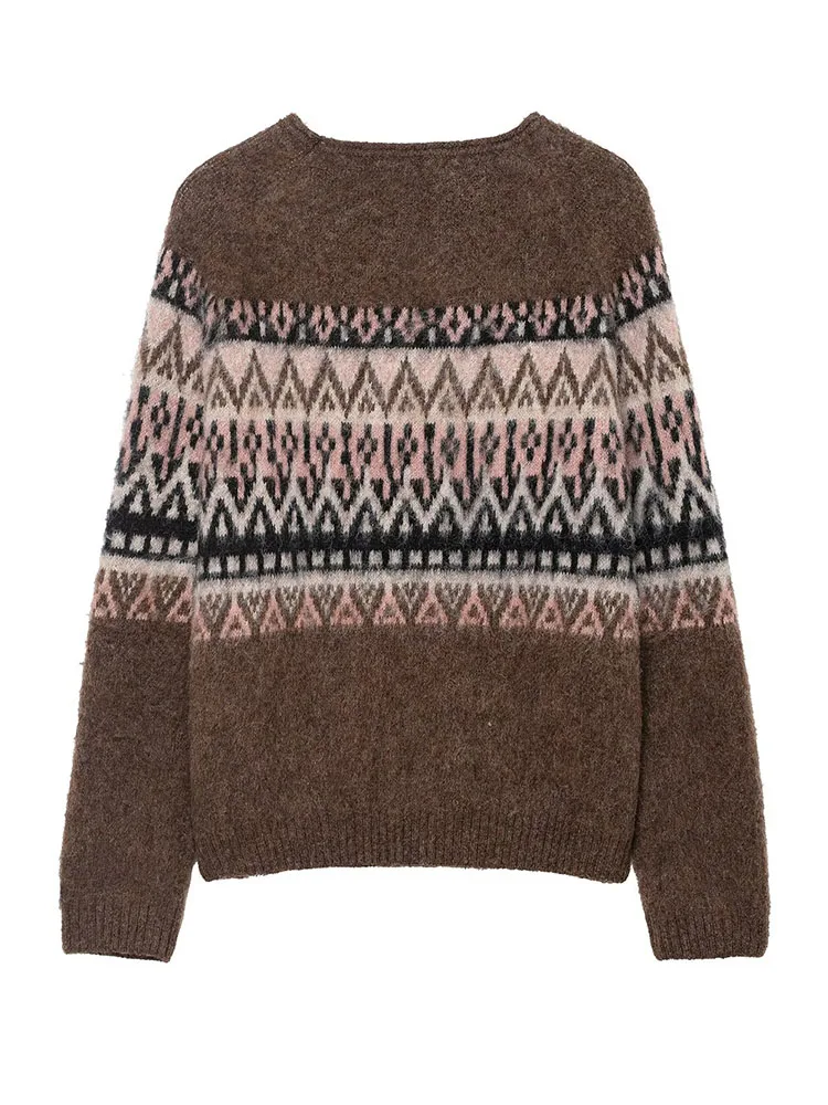 여성 겨울 신상 패션 크루넥 고무 효과 자카드 스웨터 여성 다용도 캐주얼 따뜻한 루즈 긴팔 풀오버 탑