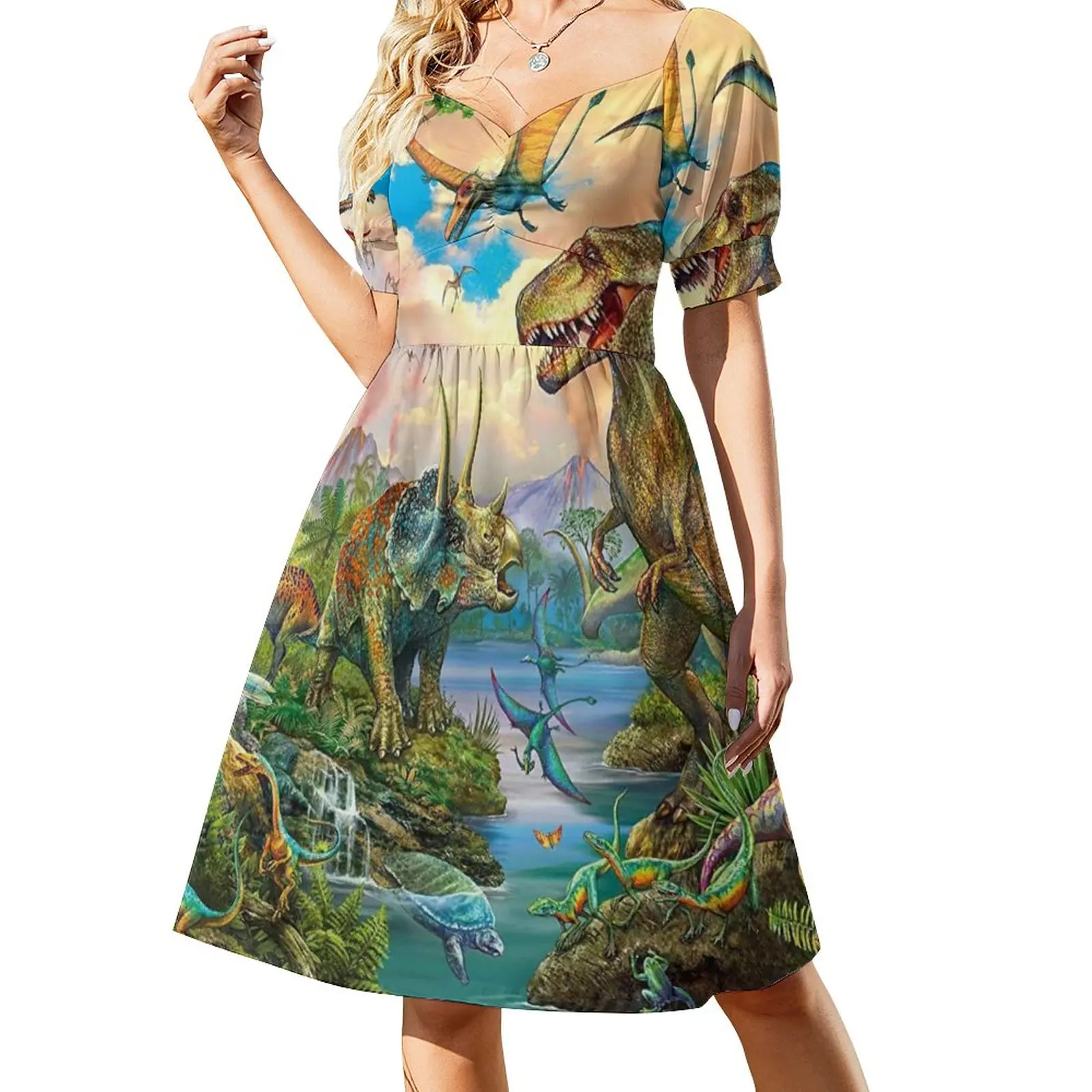 

Tyrannosaur Dress Cute Dresses Female Short Sleeve Aesthetic Casual Dress V Neck Big Size Vestido