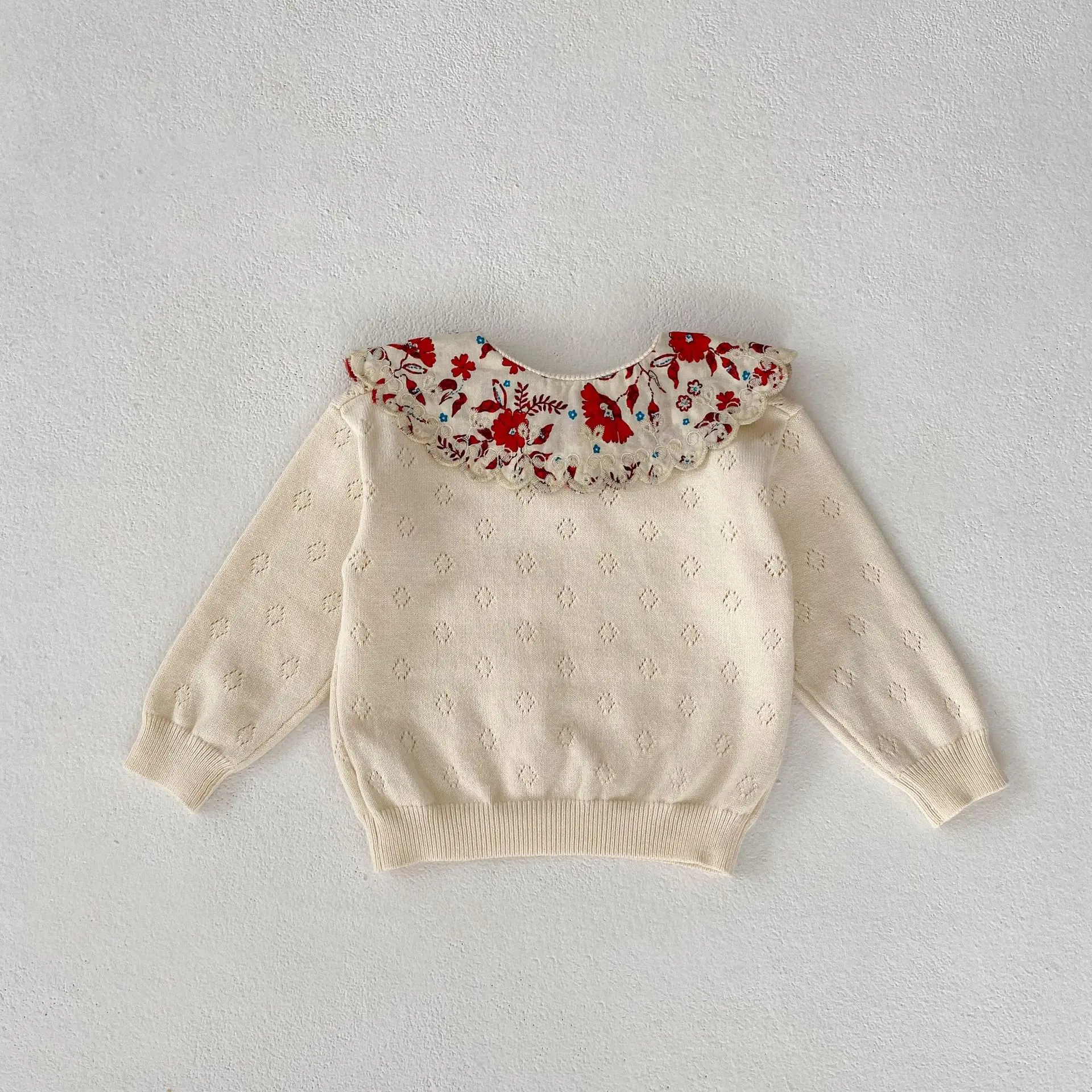 Instagram Spring and Autumn Fashion Versatile Sweater Knitted Baby Girl Sweet Big Lace Collar Knitted Pullover Top Bottom Sweate