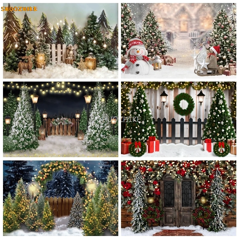 

Winter Christmas Photography Backdrop Xmas Rustic Barn Wood Door Xmas Tree Snow Kids Adult Family Party Banner Decor Background