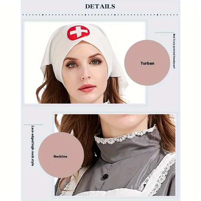 할로윈 여성들은 3피스 의상을 입고 19세기 유럽 간호사 의상을 즐깁니다.