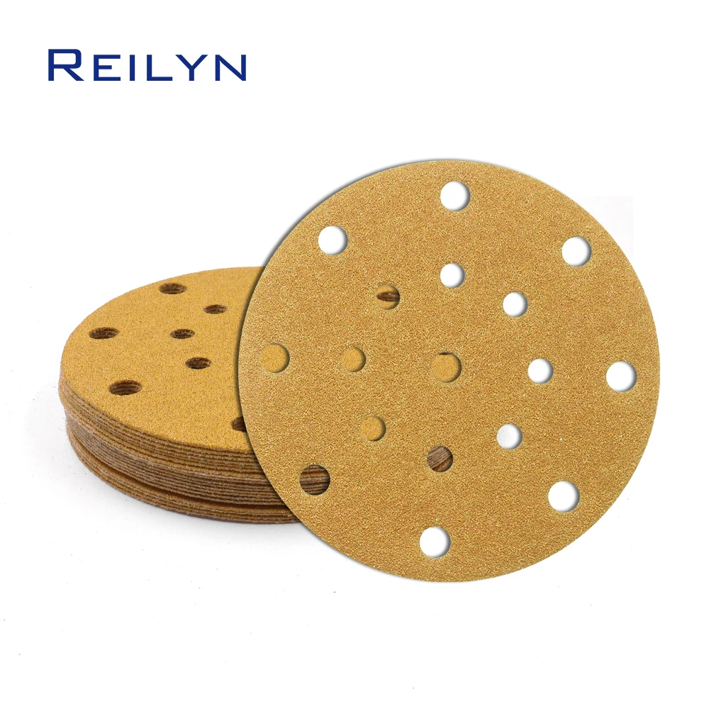 

10pcs 6inch 17 holes Yellow Sand Paper 150mm Flocking Sand paper tray Polishing Pad Self-adhesive Loop Backing Polishing Disc