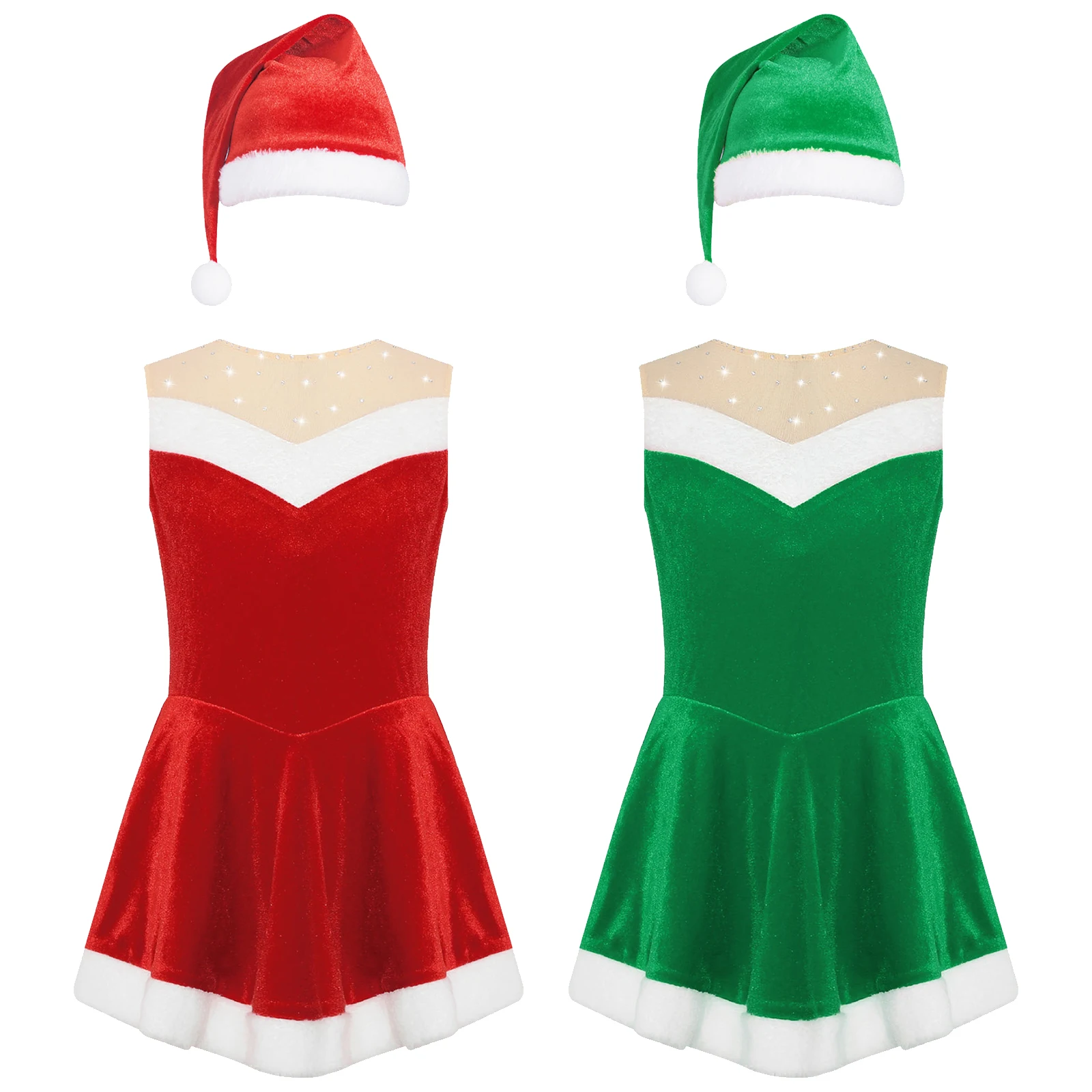 Vestido de baile de Navidad para niños y niñas, trajes de Papá Noel, Body de terciopelo sin mangas, vestido de patinaje artístico con conjunto de sombrero de Navidad