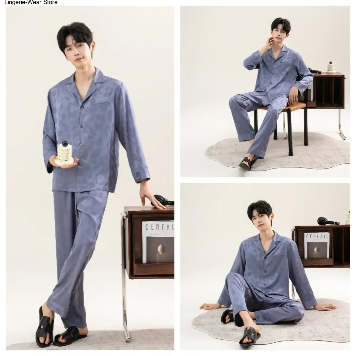 Plus Size Men's Ice Silk Jacquard Pajama Set, Long Sleeve Top & Pants, Loose Cool Breathable Casual Loungewear Spring Autumn