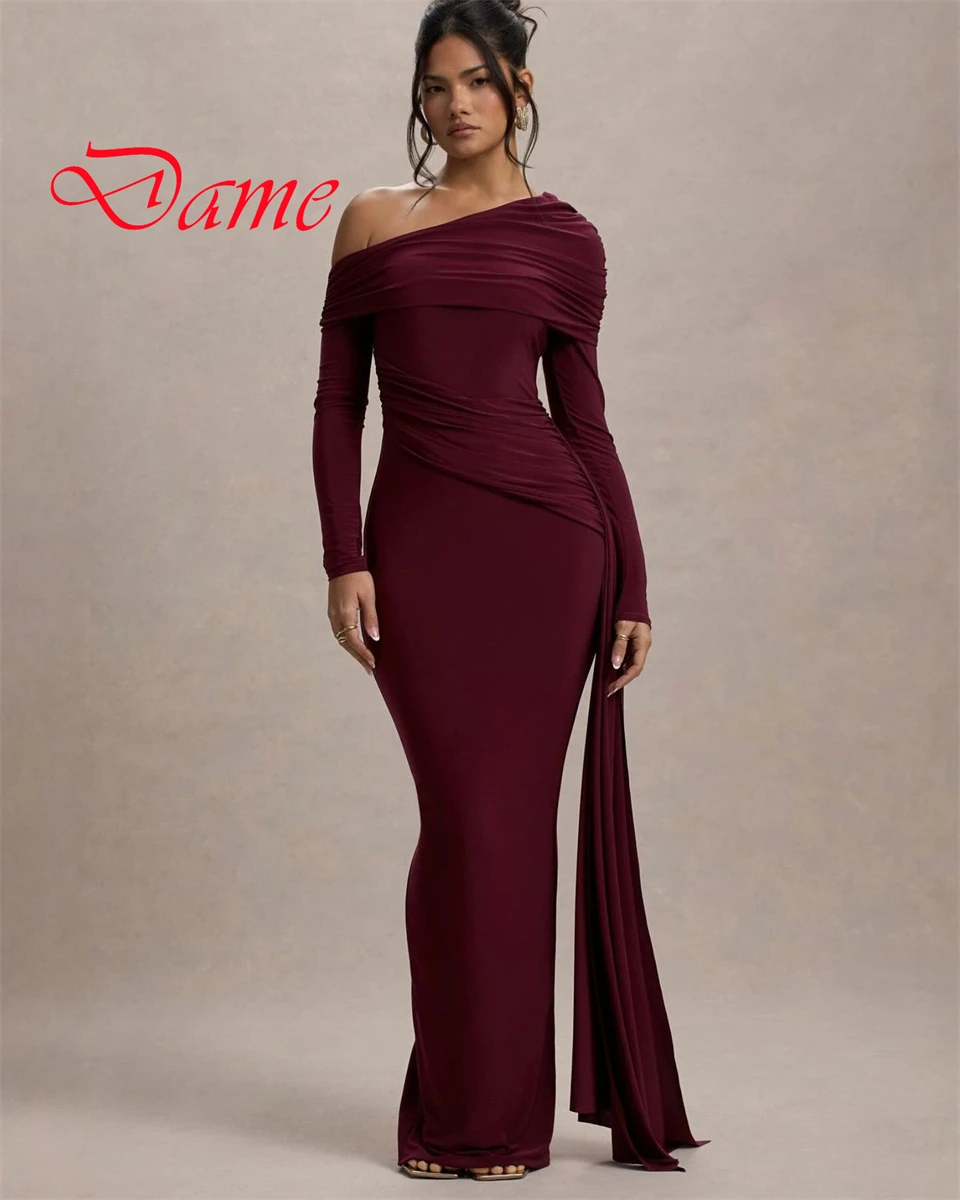 Customized Exquisite Burgundy Jersey Evening Dress Classic Strapless Off the Shoulder Long Sleeves  Mermaid Cocktail Dress