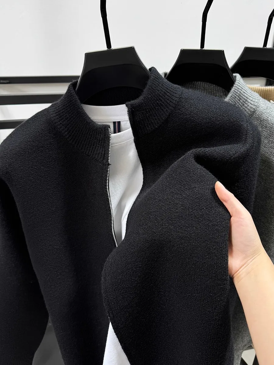 

Korean Sle Men's Thiened Knitted Zipper Sweater Pure Color Stand Collar Open Cardigan Autumn Winter Faion Outerwear