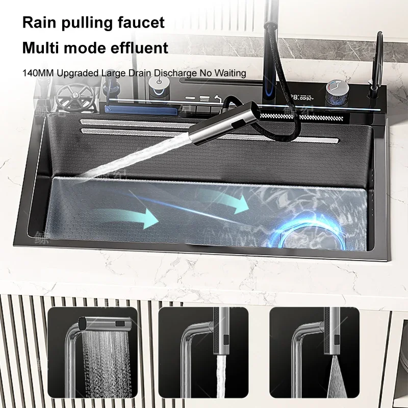 Fregadero de cocina de cascada de acero inoxidable resistente a los arañazos, lavabo de drenaje derecho, soporte grande para teléfono inteligente de