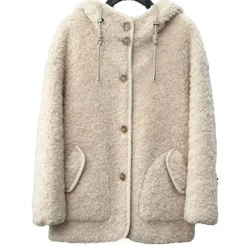 

100 Lambskin and fur one-piece casual hooded mid-length 2025 new Winter warm fur coat