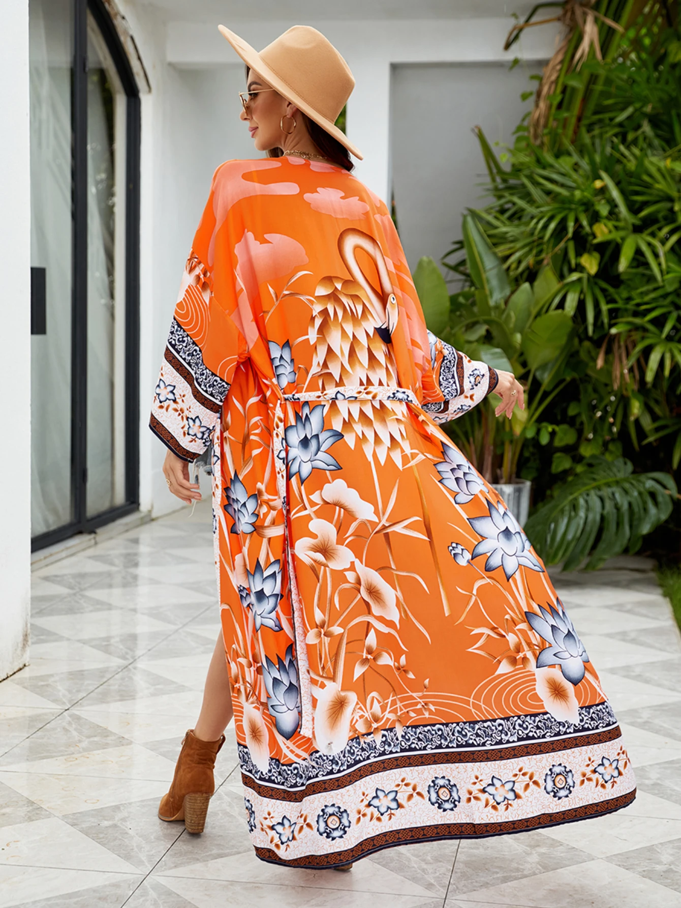 Women Beach Cover Ups Orange Crane Printed Kimono Swimsuit Cape Belted Wrap Dresses Summer Holiday Bathing Suit Dropshipping