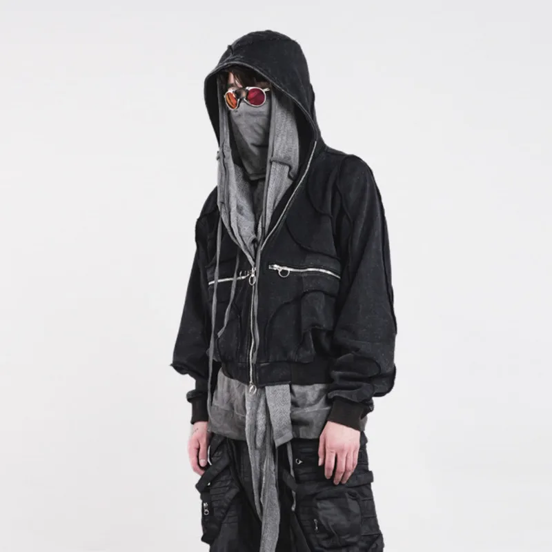 HKSH Spring Autumn New Men's Tide Punk Techwear Waste Land Deconstruction Geometric Splice Retro Silhouette Cotton Hoodie HK2874