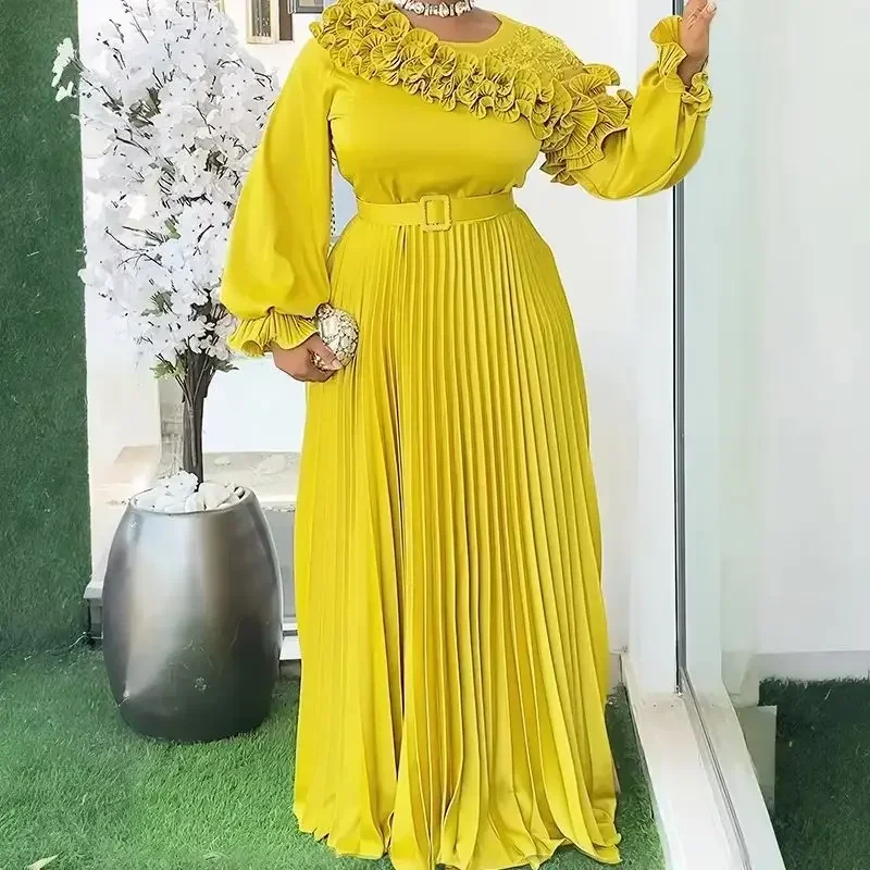 

Elegant African Dresses for Women Plsu Size Flower Pleated Wedding Evening Party Gown Ankara Dashiki Africa Clothing Kaftan Robe