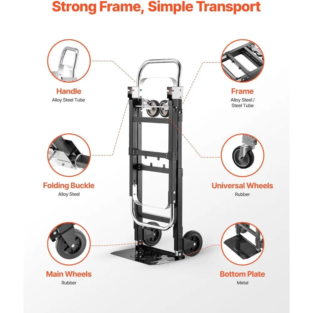 รถเข็นพับได้ 4 ล้อ แบบแปลงสภาพได้ รับน้ำหนักได้ 500 ปอนด์ รถเข็นแบบพกพาสำหรับใช้ในบ้าน สำนักงาน และคลังสินค้า