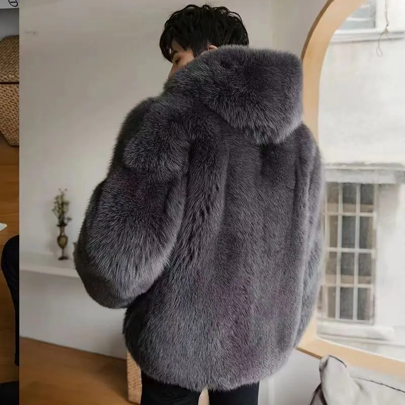 Autumn Winter New Men Fox Fur Hooded Coat  Fashion Light Luxury  Warm Coat Thickened Comfortable Fur Coat Men Brown Fake Fur