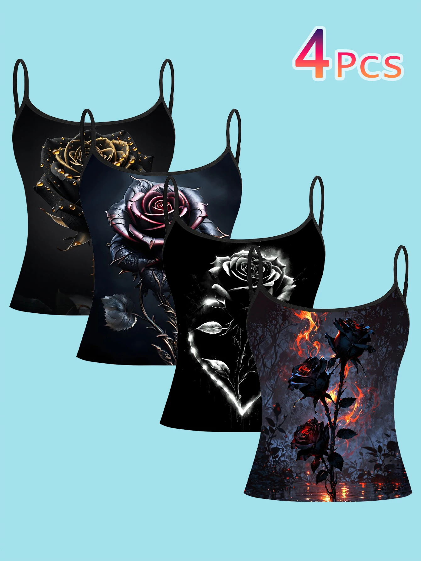 Women's 4-Piece Printed Camisole Set with Gold Waterdrop Black Gold Rose, Purple Metallic Thorn Rose, Silver White Glowing Heart Black Rose, Forest Flame Black Rose Patterns, Slim-Fit Sleeveless Outerwear Base Layer Tops