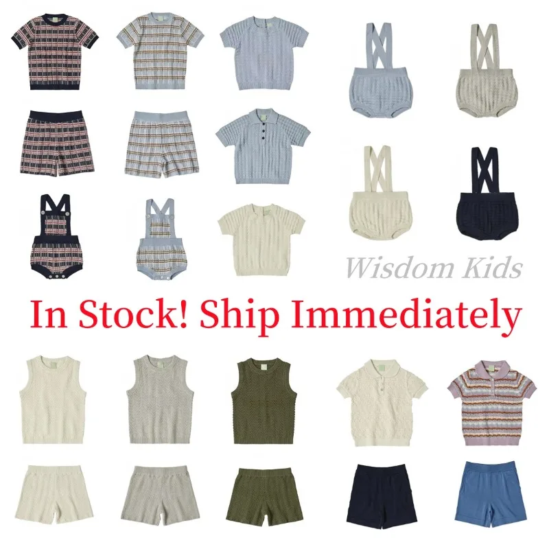 In Stock！2024SS New Kids Boys Girls Knit Striped Round Neck Solid Color Short Sleeve T-shirt Shorts Suspenders Pants
