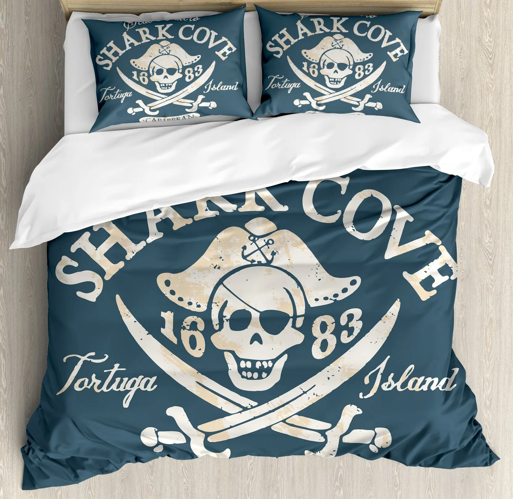 

Pirate Duvet Cover Shark Cove Tortuga Island Caribbean Waters Retro Jolly Roger Mustard Blue Bedroom Decoration Women Kids Men