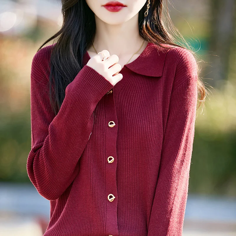 

Spring and Autumn Basic Knitted Wool Cardigan Women's lapel Collar Loose Sweater Solid Color Simple Coat