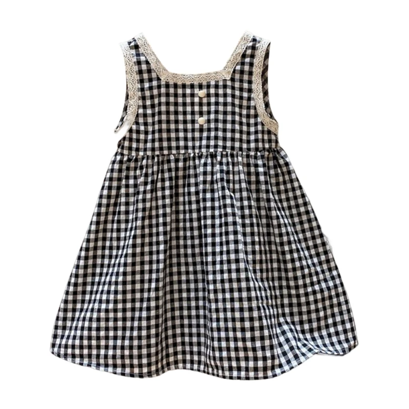 Summer Girls Dress Temperamental Cute Western Style  Lace Princess Dress  Black And White Checkered Tank Top Skirts