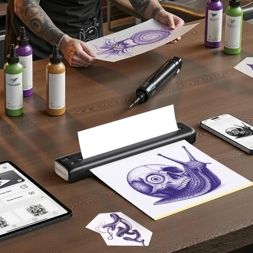 Bluetooth Wireless Tattoo Stencil Printer Thermal with 5PCS Transfer Paper Compatible Android iOS Phone Tablet PC for Artists